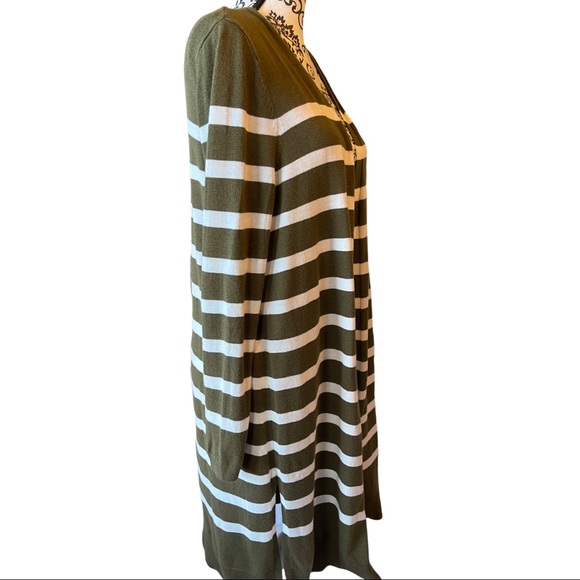 TALBOTS - Long sleeved green and white horizontal striped open sweater cardigan - Picture 7 of 10